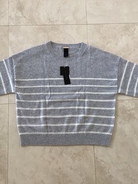 Magaschoni 100%Cashmere Luxury Short Slev Heather Gray Sweater Top White Stripes